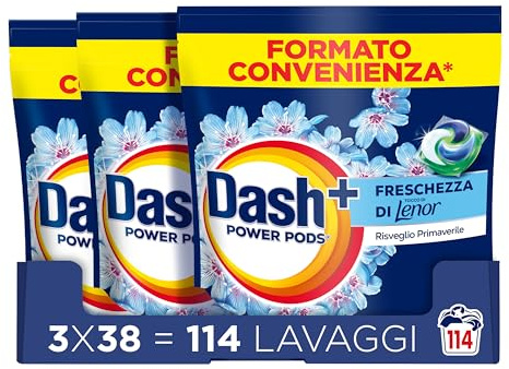 Dash Power Pods Detersivo Lavatrice In Capsule, 114 Lavaggi (38x3), Freschezza Di Lenor, Risveglio Primaverile, rimuove addirittura gli odori di sudore vecchi di 7 giorni, per una pulizia impeccabile
