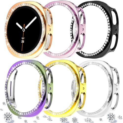 DEALELE [6-pack] klockfodral kompatibelt med Samsung Galaxy Watch 8 44 mm, bling, en rad diamant PC skyddande fodral, ersättning klockskydd, stötfångare (44 mm, svart + silver + roséguld + rosa +