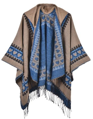KBOPLEMQ Poncho tricoté pour femme - Poncho coloré avec impression nationale et pompons en tricot à franges - Cape avec manches à l'avant - Style bohème - Cardigan rétro ethnique tricoté - Vêtements