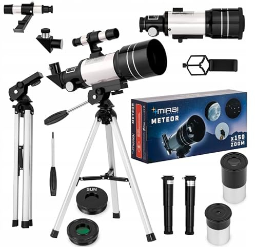 Telescopio Educativo MIRAI OPTICS Meteor F30070M con Adaptador para Smartphone | Set con filtros Solar y Lunar | Aumento hasta 150x (Meteor)