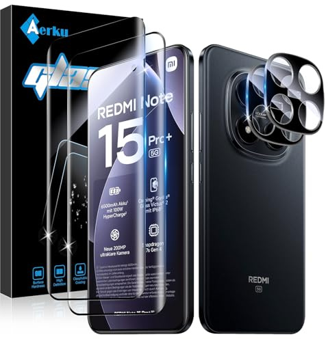 Aerku 2 Piezas 3D Cobertura total Protector de Pantalla para Xiaomi Redmi Note 15 Pro+/ Note 15 Pro Plus/Poco M8 Pro 5G con 2 Piezas Protector de Lente de Cámara, 9H Cristal Templado Ultra Resistente
