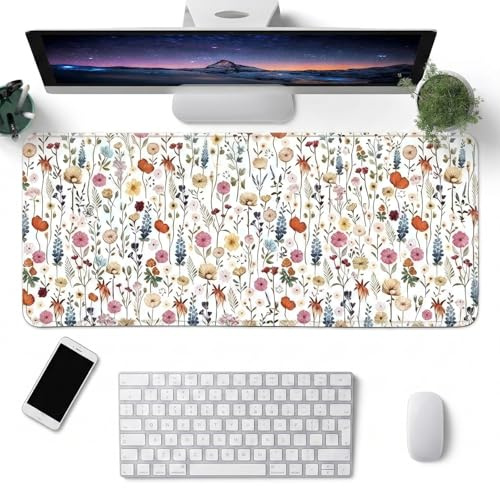 Vesavifaka Großes Mauspad, Extra Großes Schreibtischunterlage Mauspad XXL 800×300×3 mm, Süße Tischunterlage für Arbeit & Gaming, Rutschfeste Laptop Schreibtischauflage, Wildblumen Motiv