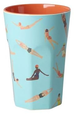 ReWu RICE Tazza in melamina grande – design galleggiante blu – arancione interno – H 13 cm Ø 9 cm – bicchiere leggero per bambini e uso quotidiano – outdoor / campeggio