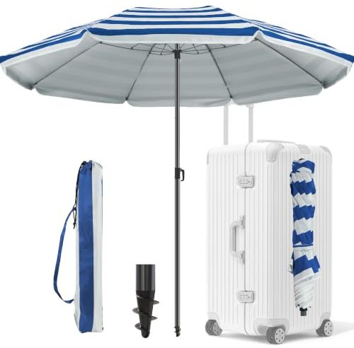 Menz Reise Sonnenschirm Strand Ø 160 cm, Blau-Weiß | Funktioneller Reise Sonnenschirm UPF 50+ für Koffer, Praktischer Strandschirm klein faltbar, Strandschirm koffertauglich