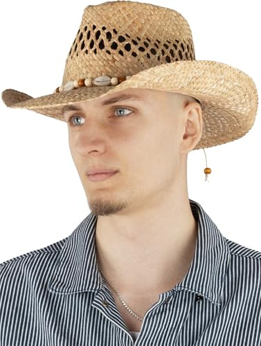 normani Herren Cowboy Hut Strohhut Sommerhut mit breiter Krempe und Hutband aus atmungsaktivem Stroh Gr. 57-63 Seashell 61-63