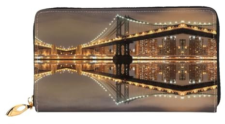 LENGYC New York Manhattan Bridge Night Print Portefeuille long pour femme Pochette en cuir Grande capacité Porte-cartes de crédit