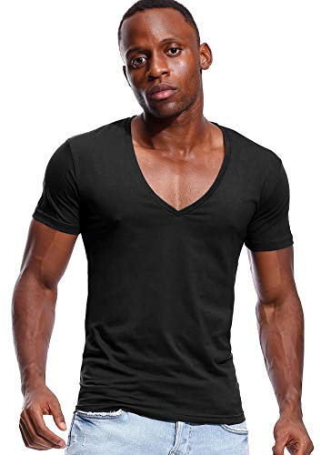 Deep V Neck T Shirt for Men Low Cut Stretch Tee Vee Top Short Sleeve Black L