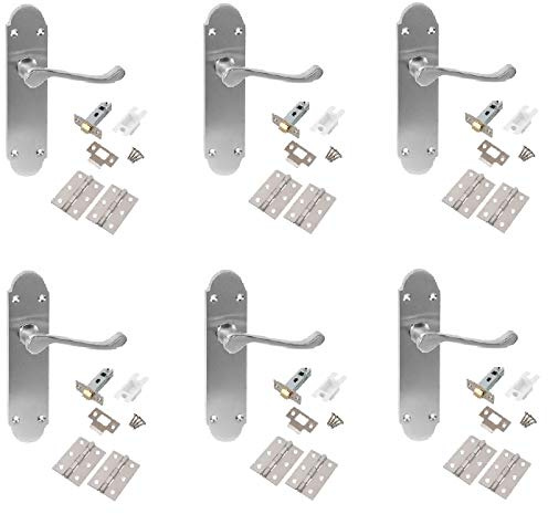 Golden Grace Victorian Scroll Door Handles, Brushed Satin Chrome, 6 Sets | Supplied with matching hinges and latches for a complete setup, providing a neat, secure, and hassle-free installation.