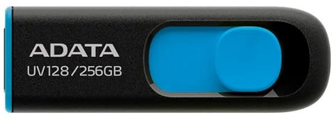 ADATA Pluma de Memoria USB 3.0 de 256 GB, UV128, Retractable, Sin Tapa, Negro y Azul