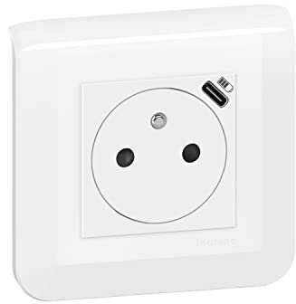 LEGRAND - Vorverdrahtete Steckdose + Ladegerät USB-C Mosaic Oberfläche mit Abdeckplatte + Batibox-Halterung – Steckdose bündig mit einziehbarem Boden – Weiß