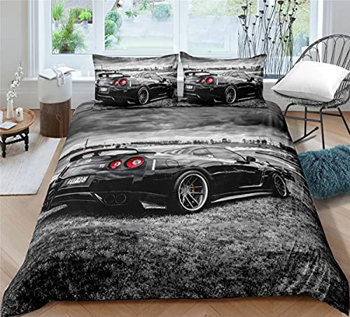 Andrui. Schwarzer Weiß Sportwagen Bettwäsche Set für Kinder Jungen Männer - Modern Auto Fahren Drucken Dekorativ Rennauto Bettbezug Set Weich Mikrofaser (Auto 06, 135x200+80x80)