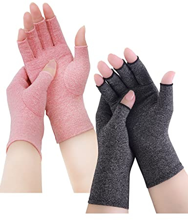 AovYoo 2 Paia Guanti Artrite Senza Dita Artrosi Reumatoide Guanti Compressione Gaming Terapia Mani Sindrome Raynaud Guanti per Computer Scaldamani Antiartrite (S, Grau+Rosa)