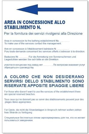 NEW CARTELLO SEGNALETICO - AREA IN CONCESSIONE ALLO STABILIMENTO N° con direzione freccia personalizzabile (PANNELLO IN FOREX 30X42 CM)