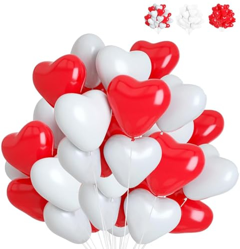 YOUYIKE 50 Pcs Herzluftballons Rot Weiß, 12 Zoll Luftballons, Latex Ballon Helium Ballons Herzluftballons Hochzeit für Hochzeits Brautdusche Valentinstag Geburtstags Verlobung Party Deko