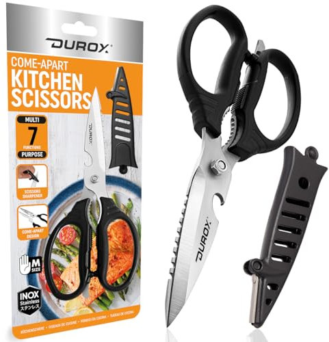 DUROX Tijeras de Cocina Profesionales - Acero INOX con Funciones Multipropósito y Afilador Incorporado. Tijera para Cortar Pizza, Carne y Marisco. Diseño Desmontable para una Limpieza Sencilla.