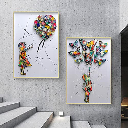 LINKGIN Home Kunstdrucke Abstrakter Schmetterling und Blumenmädchen Bunte Wandposter Bilder auf Leinwand Malerei für Treppenhaus Raumdekoration 75x50cmx2pcs rahmenlos