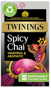 Twinings Spicy Chai Tea Warming & Aromatic Black Tea Spices of Cinnamon, Clove & Ginger with Assam Tea Base, 40 Biodegradable Tea Bags | Black Tea, Spicy Chai Spices, Cinnamon, Ginger, Cloves, Cardamom, Assam Tea Base, Biodegradable Tea Bags