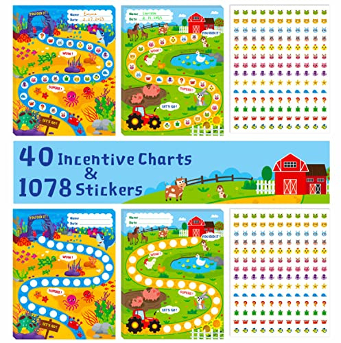 Lot de 40 tableaux d'incitation, 2 motifs adorables avec 1078 autocollants pour l'enseignement en classe/récompense/utilisation en famille pour les devoirs des enfants, la présence, les corvées