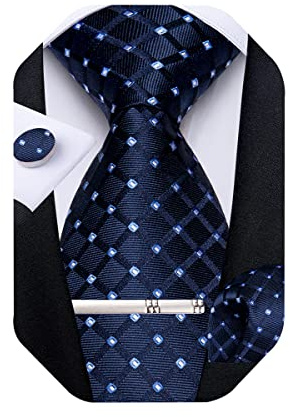 DiBanGu Plaid Ties for Men Silk Checkered Necktie and Pocket Square Cufflinks Tie Clip Set with Gift Box for Wedding Business, Dark Blue