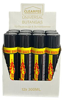 Clearfee 6 Stück Universal Butan Gas Feuerzeuggas zum nachfüllen für Feuerzeugen, Flambierbrenner, 100% Reinheit, Nachfüllgas, Lighter Gas inkl. Aufsätze