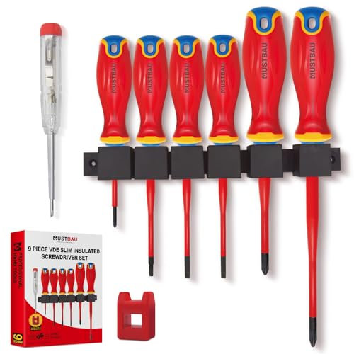 Mustbau 9 Pezzi Cacciavite Isolato, 1000V Cacciavite Professionale da Elettricista VDE, Cacciavite a Taglio, Croce, Esagonale, Cacciavite Elettrico