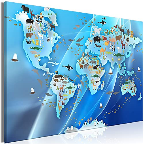 B&D XXL - Akustikbild Weltkarte für Kinder Bilder Akustikschaum Hochleistungsschallabsorber Schallschutz Leinwand 1 tlg Wandbild Raumakustik Schalldämmung Karte Kinderzimmer Tiere
