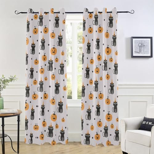GuoChe Halloween Black Cats Pumpkins Grey Blackout Curtains Window Curtains for Bedroom 84 Inch Length 84 Blackout Blinds Bay Window Curtains cortinas para dividir habitacion 2 Panels