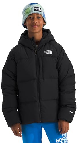 The North Face Boys' North Down Hooded Jacket | Water Repellent, 600 Fill Recycled Waterfowl Down, Insulated Hood, Secure Zip Pockets, TNF Black, Small