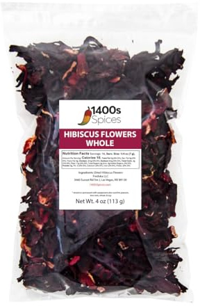 4oz Dried Hibiscus Flowers perfect for Tea and Mexican Agua Fresca, Flor de Jamaica, Sorrel Zobo Whole Flowers and Petals by 1400s Spices