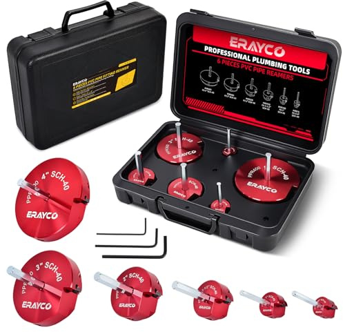 ERAYCO 6-Piece PVC Pipe Reamer Kit-Professional Aluminum Socket Saver Kit (3/4, 1, 1-1/2, 2, 34”) with Rotatable Carbide Inserts-Hex Shaft Fitting Saver for Schedule 40, CPVC & ABS Plumbing