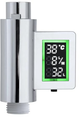 LOWENERGIE Shower Timer with Flow Meter – Self-Powered, Real-Time Digital Water Display, Temperature Sensor & LED Alerts for Smart Water Saving in Homes, Caravans & Rentals