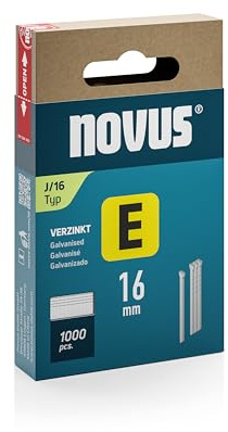Novus 044-0089 - Clavos E tipo J 16 mm (1000 unidades, material: alambre de acero galvanizado, caja de cartón con FS deslizante, juego de clavos) | Clavo galvanizado para molduras, esquinas, madera contrachapada, muebles y reparaciones