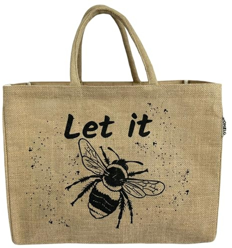 Domelo Einkaufskörbe. Bedruckte Einkaufstasche. Jute Tasche groß. Korbtasche, wasserabweisenden Strandtasche. Jutetaschen Shopper als Shopping bag. Tragetasche (Let it be) | Wasserabweisende Jutetaschen in beige faltbare Shopping Bag Einkaufskorb wasserabweisend, Strandtasche mit Reißverschlussfach