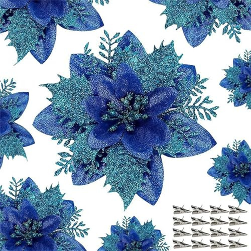 champracer 15 Stück Weihnachten Blumen 14 cm Glitzer Weihnachtsblumen mit Clips, Simulation Künstliche Blume Weihnachtsbaum Ornament für Weihnachten Neujahr Hochzeit (Blau)