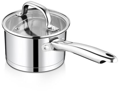 Joyfair 14cm Saucepan, 1L Stainless Steel Tri-Ply Sauce Pan with Glass Lid, Induction/Gas/Electric/Ceramic/Halogen Safe Small Milk Pan for Kitchen Cooking Boiling Stewing, Non Toxic & Easy to Clean