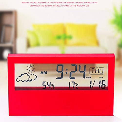 RUHEN Reloj Despertador para Estudiantes con estación meteorológica, Reloj con pronóstico del Tiempo Transparente con LED, termómetro Digital, higrómetro, Pantalla HD, Radio Despertador