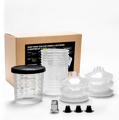 InoKraft Sistema di Tazze Colorate monouso, Standard da 650 ml, Set da 6 Bicchieri e coperchi, 1 Tazza Rigida con Anello di Supporto, 3 Tappi, Sistema di verniciatura per HVLP/LVLP con Adattatore