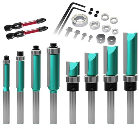 CSOOM 10 Stück Bündigfräser mit 2 Schlagmagnetbits, 6 Lager, 2 Schraubenschlüssel, 8mm Schaft Bündigfräser-Set，Hartmetallfräser, Werkzeuge für die Holzbearbeitung (grün)