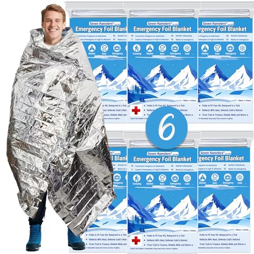 Seven Hamsters Foil Blanket Emergency Survival Equipment (6-Pack), Mylar Space Blankets for Camping, Hiking & First Aid Kit| Thermal Reflective Outdoor Safety Essentials