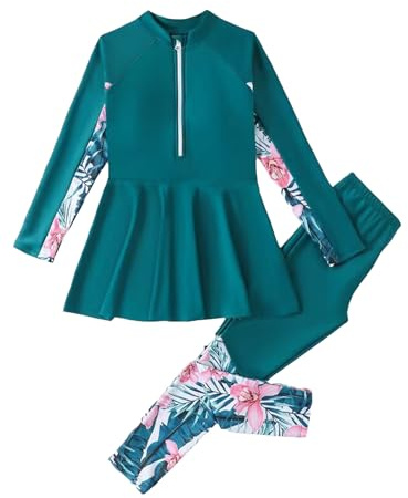 RUNQHUI - Traje de baño de 2 piezas para niña musulmán Burkini Modest vestido de baño de manga larga y pantalón conjunto Rashguard anti UV, verde, 9-10 Años