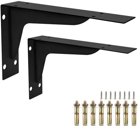 Staffe per mensole resistenti – Confezione da 2 supporti per mensole in ferro nero da 25,4 cm con fissaggi a parete, staffe in metallo per garage, cucina, librerie, ripostigli, tavole in legno