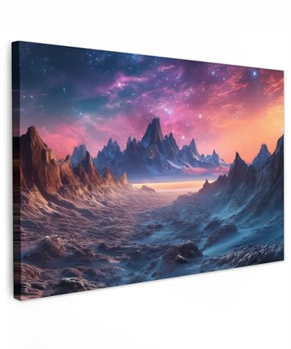 MuchoWow© Leinwand Bilder Groß XXL Wanddeko Wohnzimmer Aesthetic Room Decor | 120x80 cm - Deko Zimmer Wandbilder Modern Bild auf Berge - Sterne - Bunt - Neon