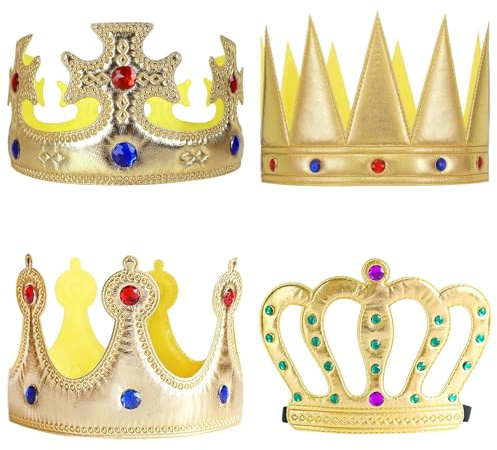 TNSOYCA 4 Piezas Corona de Rey Dorada,Corona Cumpleaños,Sombrero de Fiesta Príncipe Jugar Tiara, Coronas Accesorios de Disfraz de Rey para Niños Adultos