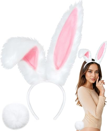 Diadema de Orejas de Conejo de Felpa, 2 Piezas Tocado de Orejas de Conejo con Cola a Juego, Accesorios de Disfraz Despedida Soltera para Mujeres Niñas Halloween Cosplay Pascua Carnaval Fiesta