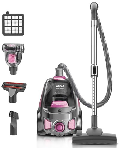 PKUYIE Canister Vacuum Cleaner, 40Kpa 1600W Cyclon Power Bagless Canister Vacuum Cleaners for Home, 3.7QT Large Dust Cup, Lightweight Vac for Hard Floors, Carpets, Pet Hair,Pink