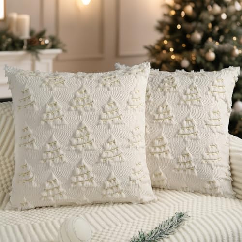 Miaikoe Christmas Cushion Covers 50x50 cm Set of 2 Decorative Throw Pillow Case Soft Plush Faux Fur Xmas Tree Gold Lines for Holiday Winter Living Room Sofa Cream White