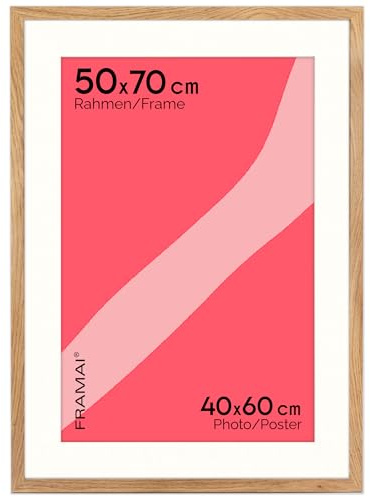 FRAMAI® Cadre photo 50x70 cm en couleur chêne – avec passe-partout – Cadre en bois MDF, plexi incassable, écologique, avec suspension et support – Format portrait et paysage