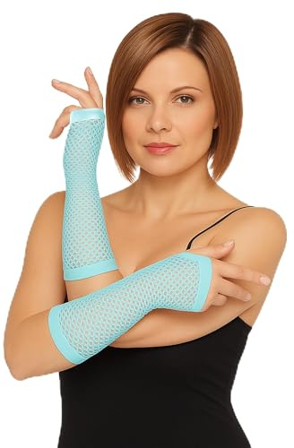 The Fancy Dress 3 Pairs Neon Lace Fingerless Fishnet Gloves - 80s Retro Theme Party Fish Net Mesh Arm Sleeves For Disco Dance Halloween Costume Accessories, White, Yellow, L Blue