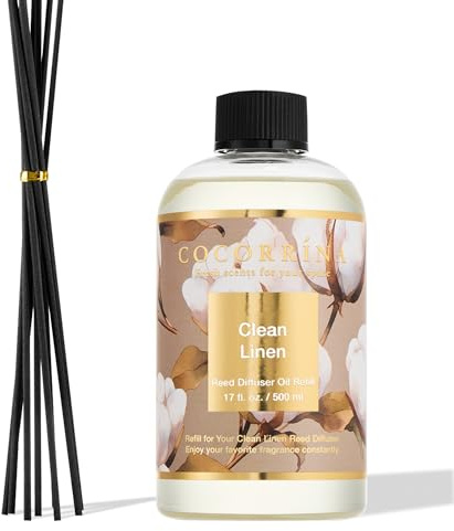 COCORRÍNA Raumduft Nachfüller 500ml mit 8 Duftstäbchen, Clean Linen, Langanhaltender Duft mit natürlichen ätherischen Ölen, für Wohnzimmer, Schlafzimmer und Badezimmer