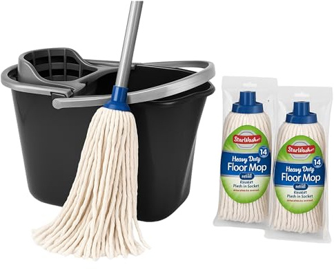Mop and Bucket Set Heavy Duty with Wringer and Two 14oz Cotton Mop Heads for Cleaning Floors –Mop Bucket Capacity 10L | Strong Aluminum Mop Handles